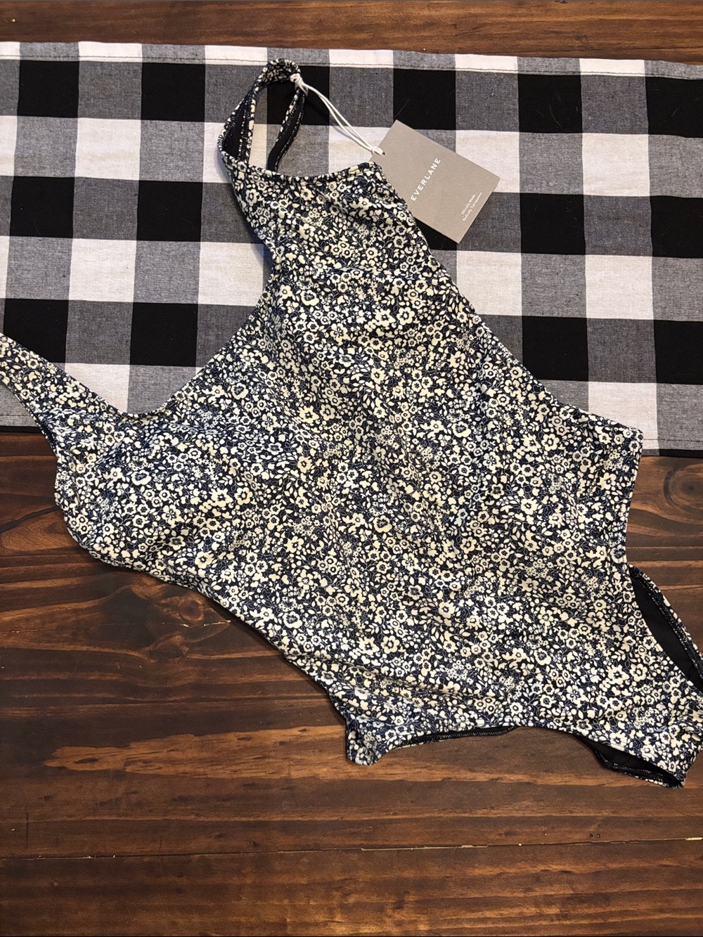 Everlane square neck one piece floral navy  swimsuit small new